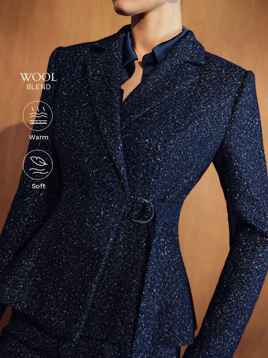 MOTF PREMIUM FRENCH LUXURY ELEGANT FASHION HIGH-END LONG SLEEVE LAPEL TIE WOMEN'S BLAZER - Navy Blue - View 1