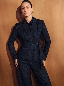 MOTF PREMIUM FRENCH LUXURY ELEGANT FASHION HIGH-END LONG SLEEVE LAPEL TIE WOMEN'S BLAZER - Navy Blue - View 6