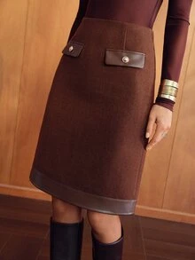 MOTF PREMIUM WOMEN'S HIGH WAIST SLIMMING WOOL STRAIGHT SKIRT, AUTUMN/WINTER PU LEATHER TRIM PATCHWORK FAUX POCKET ELEGANT COMMUTE SKIRT - Brown - View 5