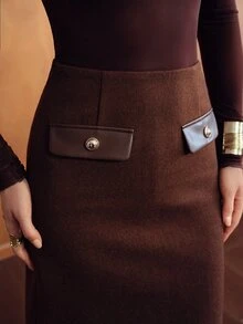 MOTF PREMIUM WOMEN'S HIGH WAIST SLIMMING WOOL STRAIGHT SKIRT, AUTUMN/WINTER PU LEATHER TRIM PATCHWORK FAUX POCKET ELEGANT COMMUTE SKIRT - Brown - View 6