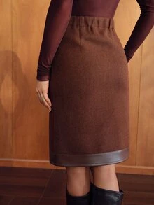MOTF PREMIUM WOMEN'S HIGH WAIST SLIMMING WOOL STRAIGHT SKIRT, AUTUMN/WINTER PU LEATHER TRIM PATCHWORK FAUX POCKET ELEGANT COMMUTE SKIRT - Brown - View 4