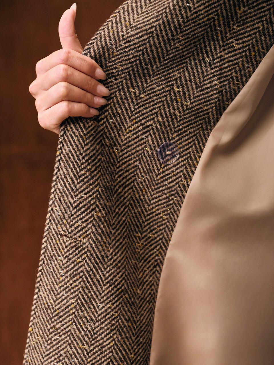 MOTF FASHIONABLE EXQUISITE LUXURY SHINY CONTRAST COLOR LAPEL LONG SLEEVE WOMEN'S HERRINGBONE TWEED OVERCOAT