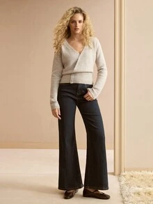 MOTF PREMIUM Áo len len cổ chồng chéo đính cúc trang trí - Màu Khaki - Xem 4