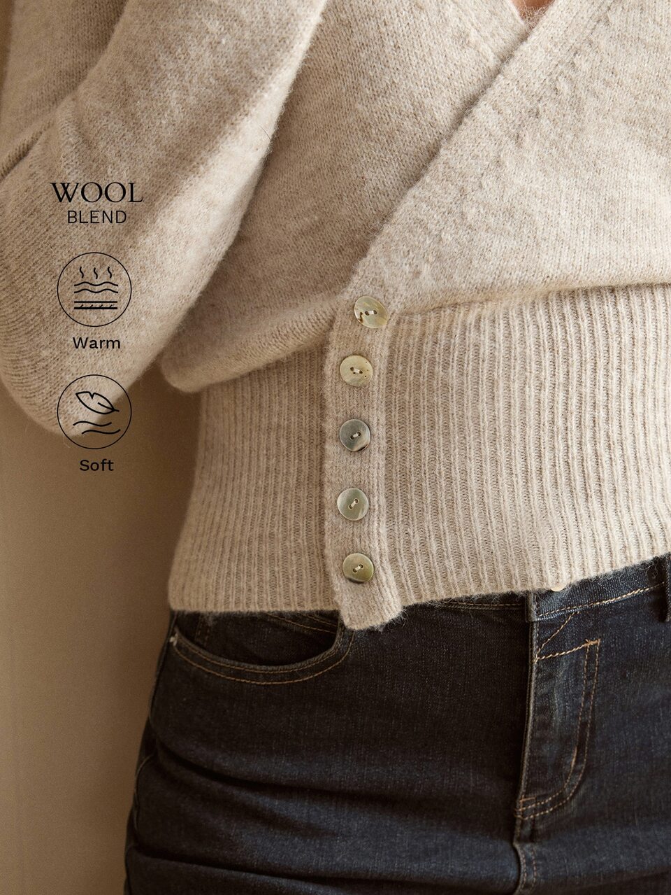 MOTF WOOL OVERLAP NECK BUTTON DETAIL SWEATER