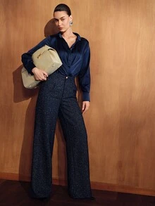 MOTF PREMIUM FASHIONABLE ELEGANT WIDE LEG HIGH CINCHED WAIST WOMEN'S SUIT PANTS - Blue - View 5