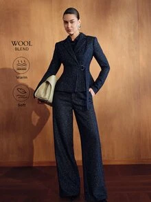 MOTF PREMIUM FASHIONABLE ELEGANT WIDE LEG HIGH CINCHED WAIST WOMEN'S SUIT PANTS - Blue - View 6