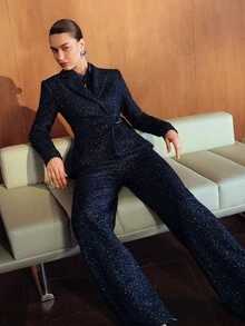 MOTF PREMIUM FASHIONABLE ELEGANT WIDE LEG HIGH CINCHED WAIST WOMEN'S SUIT PANTS - Blue - View 7