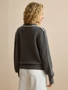 MOTF PREMIUM WOMEN'S DARK GRAY CONTRAST TRIM LAPEL DROP SHOULDER SWEATER - Dark Grey - View 3