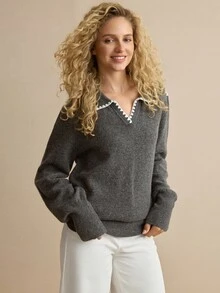 MOTF PREMIUM WOMEN'S DARK GRAY CONTRAST TRIM LAPEL DROP SHOULDER SWEATER - Dark Grey - View 5