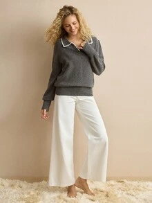 MOTF PREMIUM WOMEN'S DARK GRAY CONTRAST TRIM LAPEL DROP SHOULDER SWEATER - Dark Grey - View 6