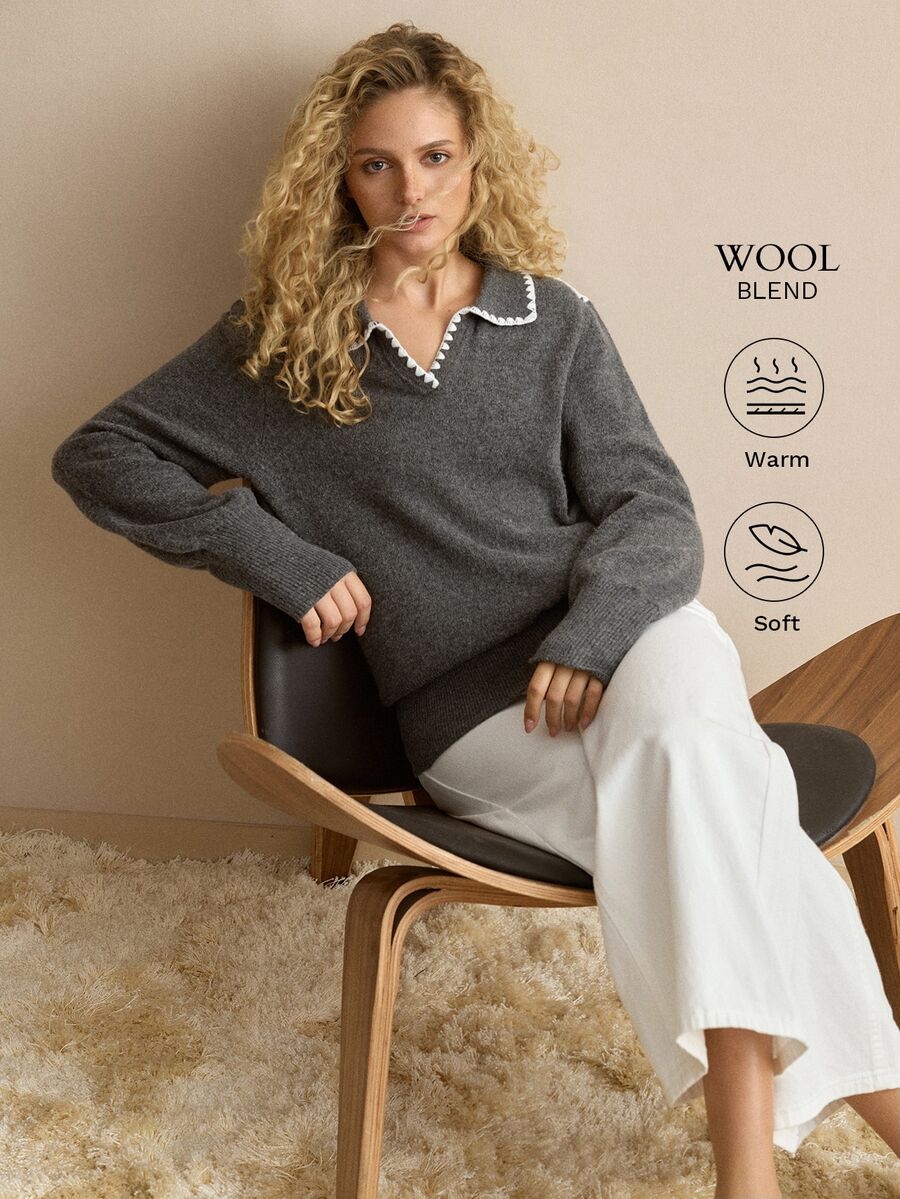 MOTF PREMIUM WOMEN'S DARK GRAY CONTRAST TRIM LAPEL DROP SHOULDER SWEATER - Dark Grey - View 1