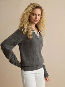 MOTF PREMIUM WOMEN'S DARK GRAY CONTRAST TRIM LAPEL DROP SHOULDER SWEATER - Dark Grey - View 4