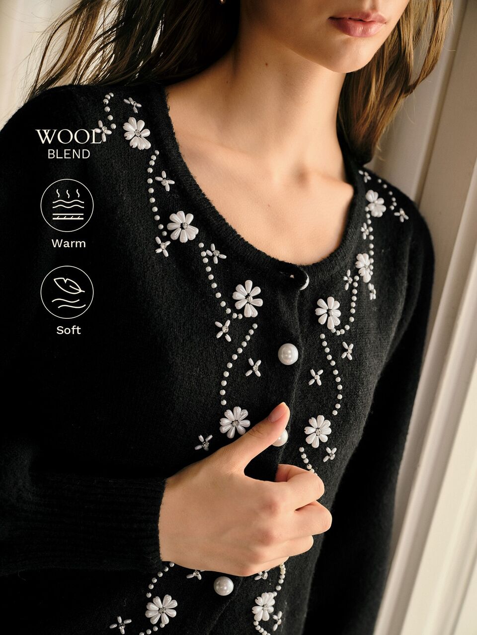 MOTF CARDIGAN ABIERTO DELANTERO CON CUELLO GRANDE EN FORMA DE U, MANGAS LANTERA SUELTAS Y SUAVES, CON CUENTAS VINTAGE ELEGANTES PARA OTOÑO/INVIERNO
