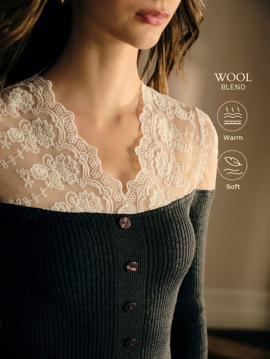 MOTF PREMIUM ELEGANT LACE PATCHWORK FITTED PULLOVER SWEATER, SUITABLE FOR SPRING, AUTUMN AND WINTER, SOFT AND COMFORTABLE FABRIC - Grey - View 2