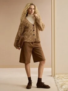 MOTF PREMIUM WOMEN SINGLE BREASTED PLACKET BOUCLE KNIT CARDIGAN - Camel - View 4