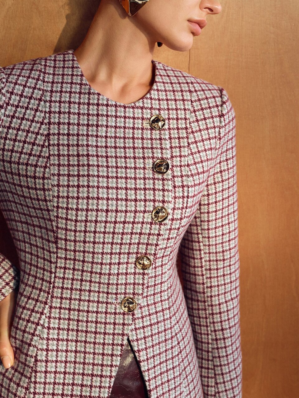 MOTF FASHIONABLE ELEGANT EXQUISITE WAIST-CINCHING SLIMMING LONG SLEEVE DECORATIVE BUTTON HOUNDSTOOTH OVERCOAT