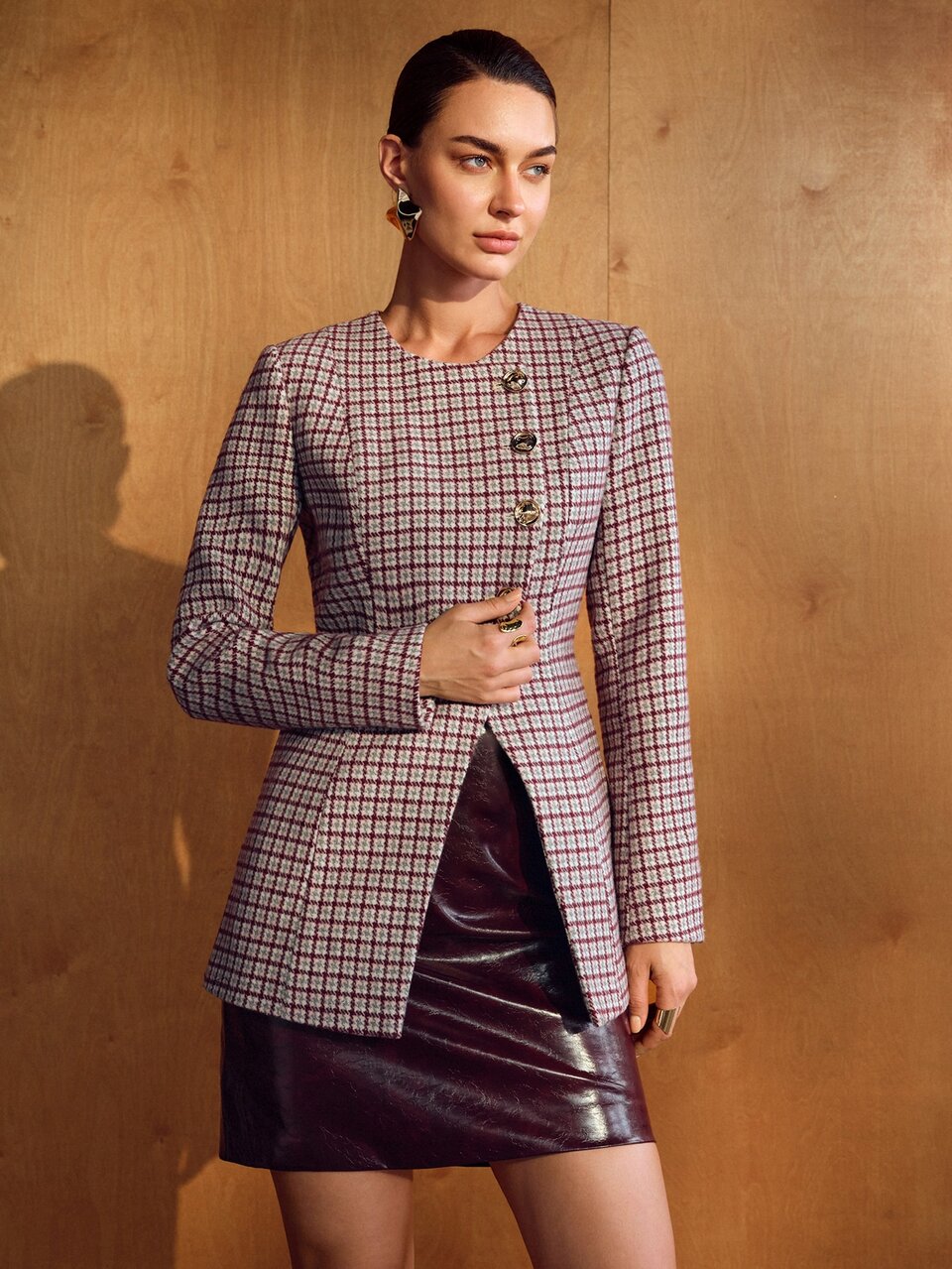 MOTF FASHIONABLE ELEGANT EXQUISITE WAIST-CINCHING SLIMMING LONG SLEEVE DECORATIVE BUTTON HOUNDSTOOTH OVERCOAT