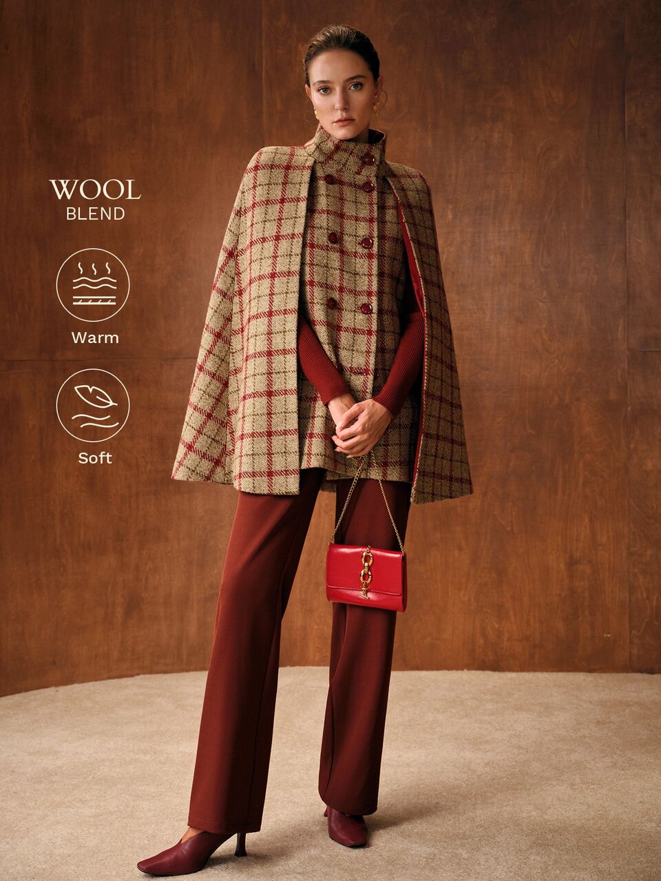MOTF WOMEN'S ELEGANT HOLIDAY PLAID BUTTON CAPE OVERCOAT