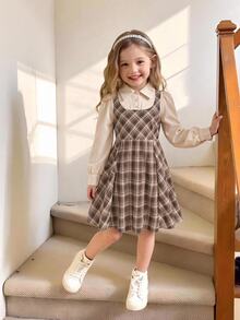 兒童青少年女孩秋季長袖學院風格紋襯衫與裙子套裝，優雅可愛休閒洋裝 - 彩色 - 查看 7