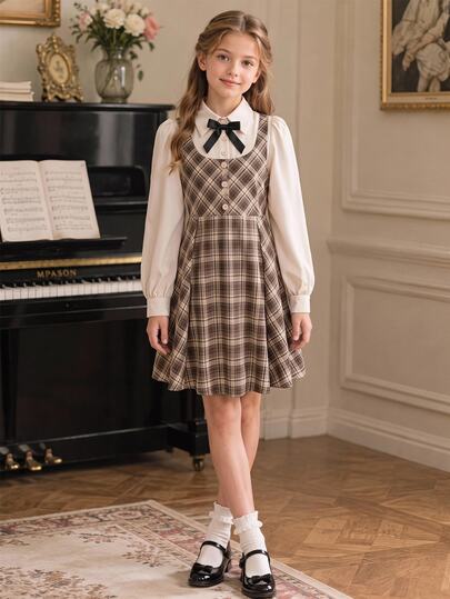 Tween Girl Tween Girls Tween Girl Autumn Long Sleeve Preppy Style Plaid Shirt & Skirt Set Elegant Cute Casual Tween Girl) Dress