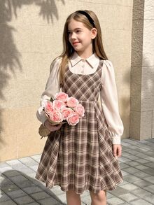 兒童青少年女孩秋季長袖學院風格紋襯衫與裙子套裝，優雅可愛休閒洋裝 - 彩色 - 查看 9
