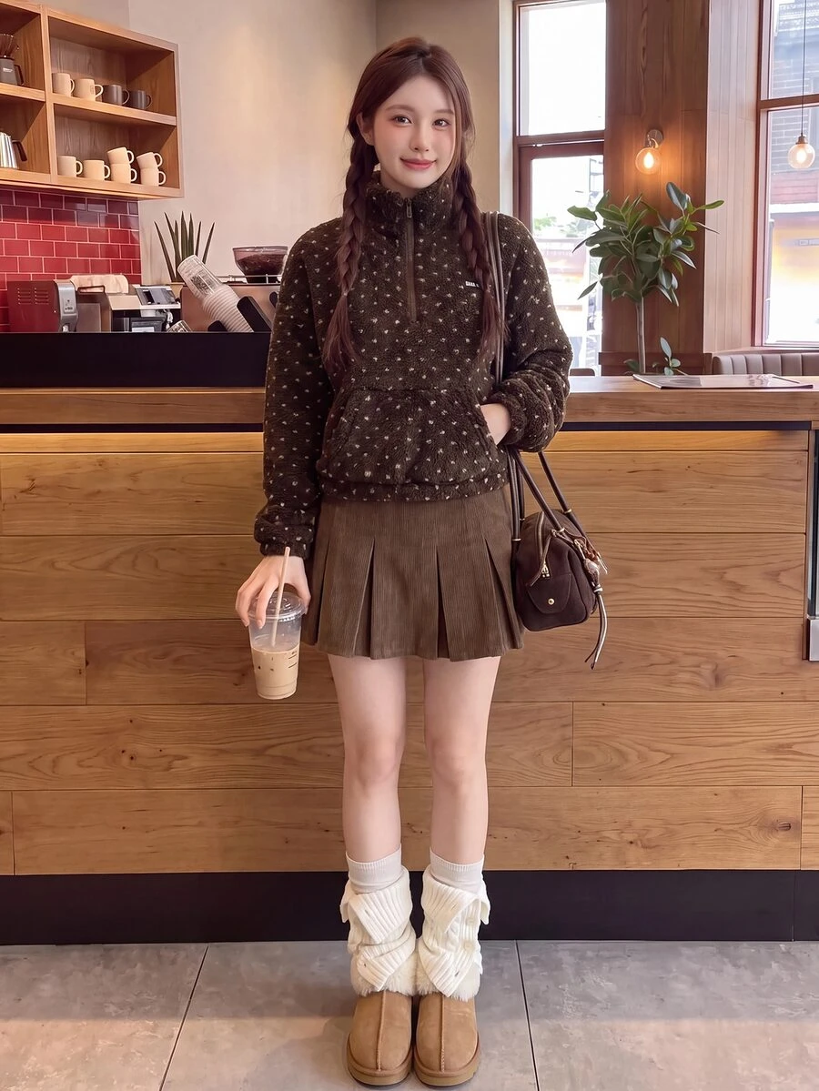 Comfortcana Women's Polka Dot Pattern Zipper Half-Placket Long Sleeve Sweatshirt - Brown - View 1