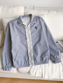 Comfortcana Jaket Tenun Ringan Motif Kotak-kotak Merah untuk Wanita - Biru - View 10