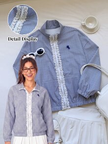 Comfortcana Jaket Tenun Ringan Motif Kotak-kotak Merah untuk Wanita - Biru - View 2