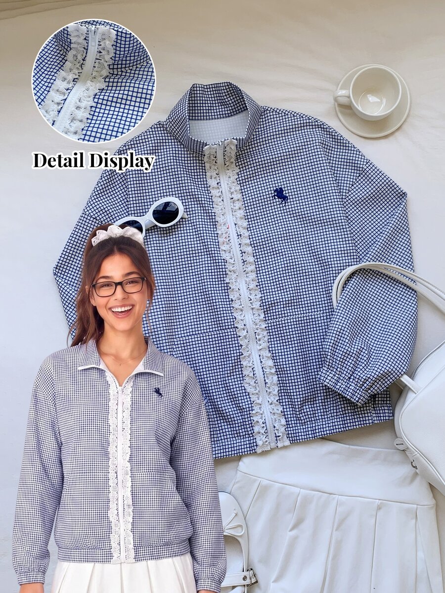 Comfortcana Jaket Tenun Ringan Motif Kotak-kotak Merah untuk Wanita
