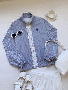 Comfortcana Jaket Tenun Ringan Motif Kotak-kotak Merah untuk Wanita - Biru - View 8