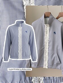Comfortcana Jaket Tenun Ringan Motif Kotak-kotak Merah untuk Wanita - Biru - View 5