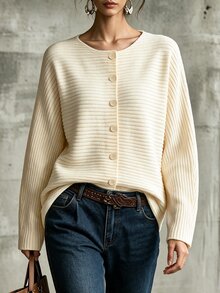 SHEIN 女款法式風格羅紋針織開襟衫，杏色優雅復古浪漫寬鬆短版落肩新毛衣，度假夜晚穿搭 - 杏色 - 查看 3