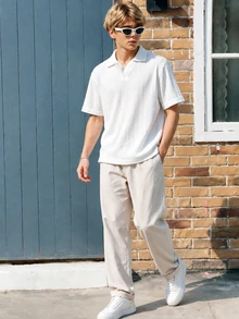 Teen Boys 2026 Casual White Textured Short Sleeve Polo Top + Light Khaki Long Pants Set, Back To School, For Daily Commute, Beach Vacation, Summer - White - View 3