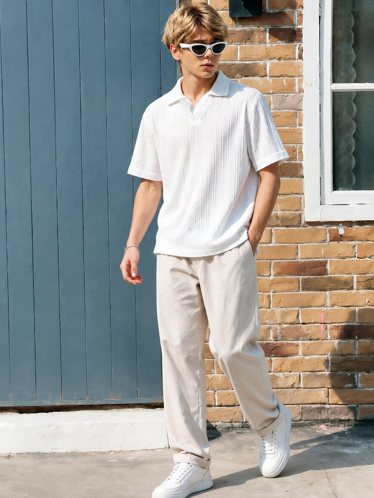 青少年男孩 2026 休閒白色紋理短袖 Polo 上衣 + 淺卡其色長褲套裝，返校季，適合日常通勤、海灘度假、夏季 - 白色 - 查看 3