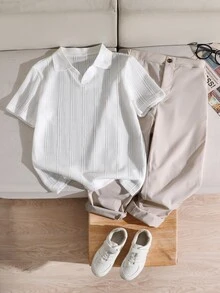 Teen Boys 2026 Casual White Textured Short Sleeve Polo Top + Light Khaki Long Pants Set, Back To School, For Daily Commute, Beach Vacation, Summer - White - View 4