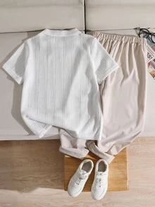Teen Boys 2026 Casual White Textured Short Sleeve Polo Top + Light Khaki Long Pants Set, Back To School, For Daily Commute, Beach Vacation, Summer - White - View 2