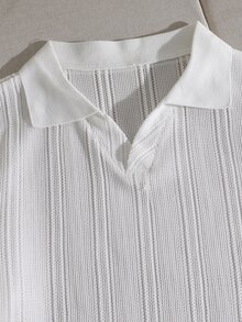 Teen Boys 2026 Casual White Textured Short Sleeve Polo Top + Light Khaki Long Pants Set, Back To School, For Daily Commute, Beach Vacation, Summer - White - View 6