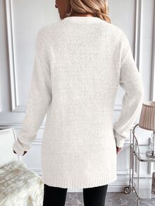 SHEIN Women's New Autumn Winter White V-Neck Longline Knit Cardigan, Loose Fashionable Long Sleeve Sweater Coat For Daily Wear, Office, Streetwear, Vacation - White - View 2
