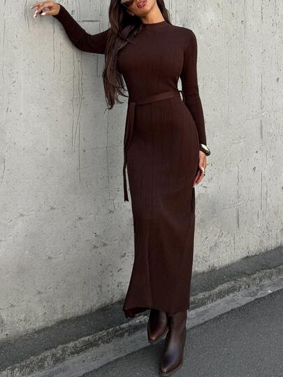 Trelyra Women's Minimalist Ribbed Tie Waist Long Sleeve Maxi Knit Dress Elegant Slim Fit Sweater Dress