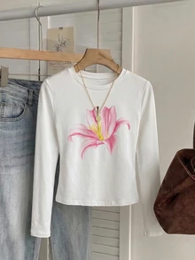 SHEIN Unity Kaos Wanita Putih Slim Fit Lengan Panjang dengan Motif Bunga Hibiscus - Putih - View 4