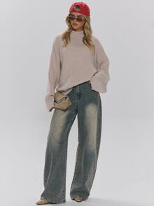 MUSERA Cream Knit Oversized Long Sleeve Jumper Autumn Winter Fall Daily Everyday Essential Core Knitwear - Khaki - View 2