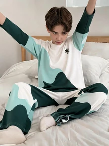 6pcs/Set Tween Boys Long Sleeve Casual Comfortable Loungewear Set, Fashion Letter Print Top And Solid Color Comfortable Pants - Multicolor - View 10