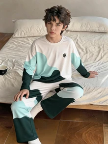 6pcs/Set Tween Boys Long Sleeve Casual Comfortable Loungewear Set, Fashion Letter Print Top And Solid Color Comfortable Pants - Multicolor - View 2
