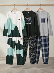 6pcs/Set Tween Boys Long Sleeve Casual Comfortable Loungewear Set, Fashion Letter Print Top And Solid Color Comfortable Pants - Multicolor - View 1