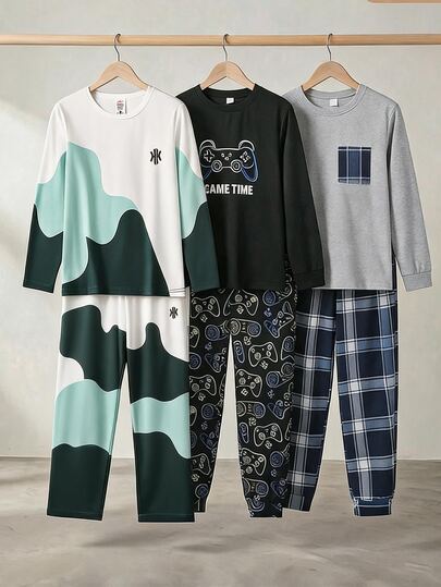 6pcs/Set Tween Boys Long Sleeve Casual Comfortable Loungewear Set, Fashion Letter Print Top And Solid Color Comfortable Pants