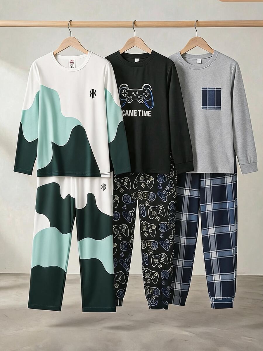 6pcs/Set Tween Boys Long Sleeve Casual Comfortable Loungewear Set, Fashion Letter Print Top And Solid Color Comfortable Pants - Multicolor - View 1