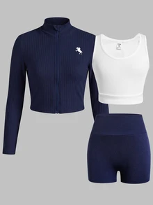 SHEIN Tween女孩純色紋理休閒長袖運動服，親膚彈性羅紋面料，甜美少女風童裝，夏季日常街頭穿搭與校園造型，小眾設計兒童套裝，秋冬四季皆宜 - 彩色 - 查看 2