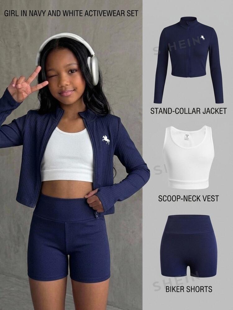 SHEIN Tween Girls Solid Color Textured Casual Long Sleeve Sportswear, Skin-Friendly Elastic Ribbed Fabric & Sweet Girly Style Children's Clothing & Summer Daily Streetwear & Campus Outfit & Niche Design Children's Set, Autumn/Winter/All Seasons Wear - Multicolor - View 1
