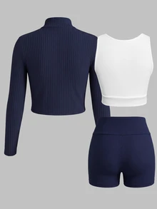 SHEIN Tween女孩純色紋理休閒長袖運動服，親膚彈性羅紋面料，甜美少女風童裝，夏季日常街頭穿搭與校園造型，小眾設計兒童套裝，秋冬四季皆宜 - 彩色 - 查看 3