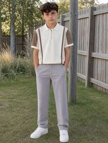 Teen Boys 2026 Apricot Half‑Zip Colorblock Short Sleeve Polo + Light Gray Casual Long Pants Set, Back To School, For Spring Summer & Early Autumn - Apricot - View 2
